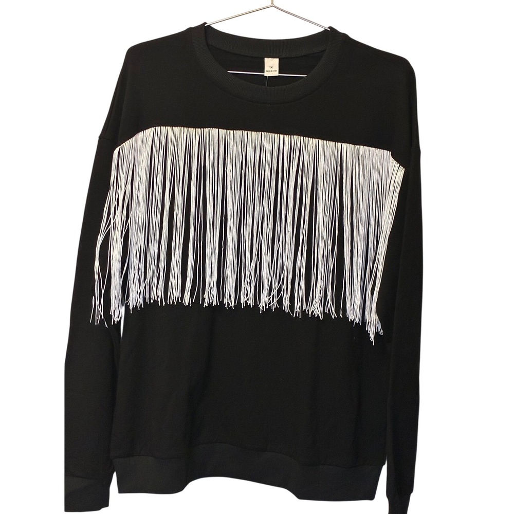 WDIRARA Black Sweatshirt White Fringe Trim Long Sleeve Crew Neck Pullover Medium
